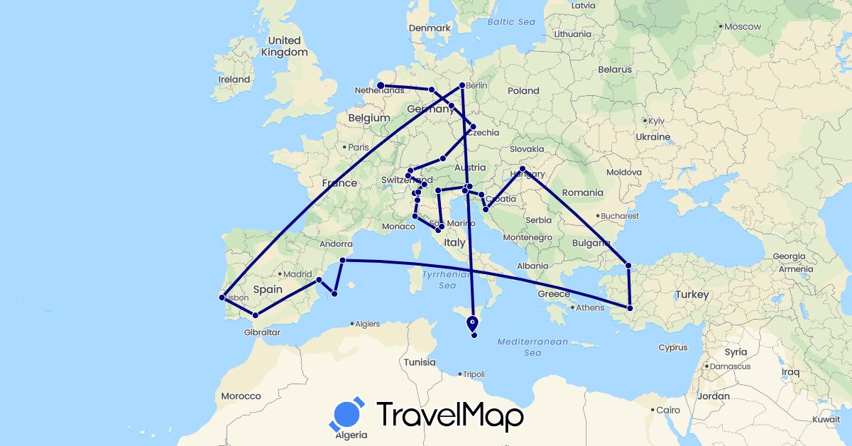 TravelMap itinerary: driving in Switzerland, Czech Republic, Germany, Spain, Croatia, Hungary, Italy, Malta, Netherlands, Portugal, Slovenia, Turkey (Asia, Europe)