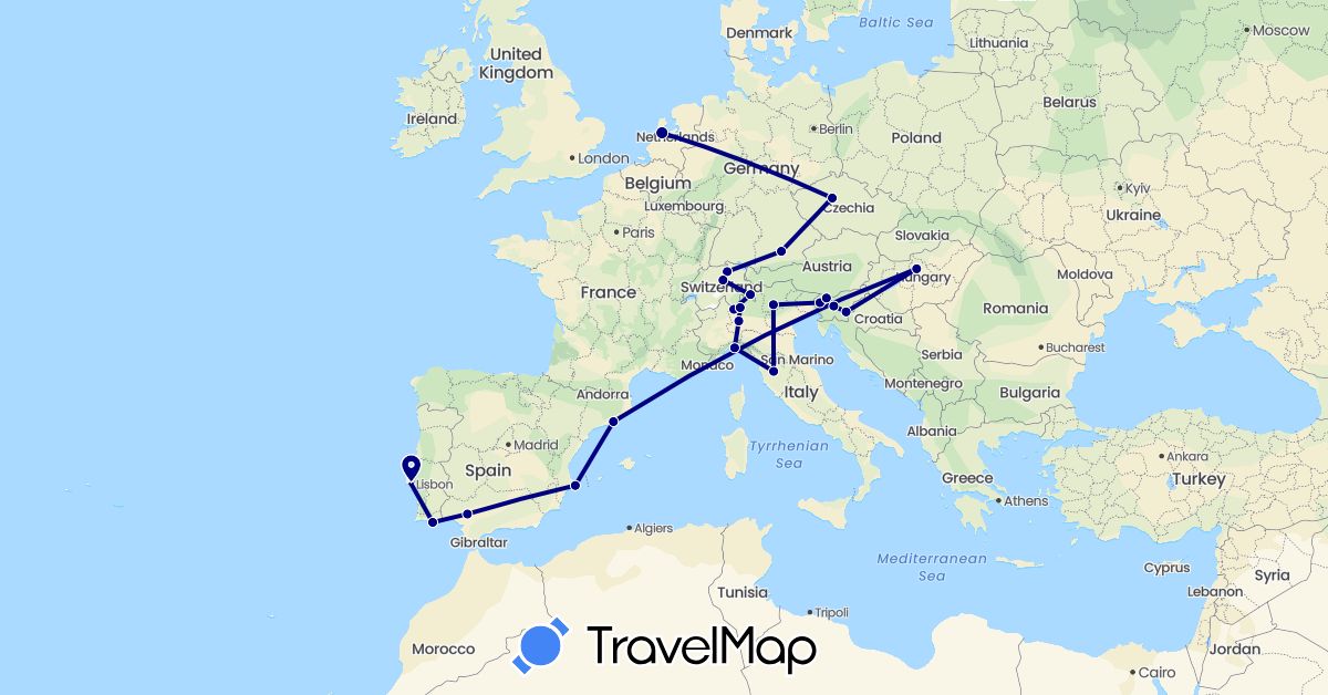 TravelMap itinerary: driving in Switzerland, Czech Republic, Germany, Spain, Hungary, Italy, Netherlands, Portugal, Slovenia (Europe)